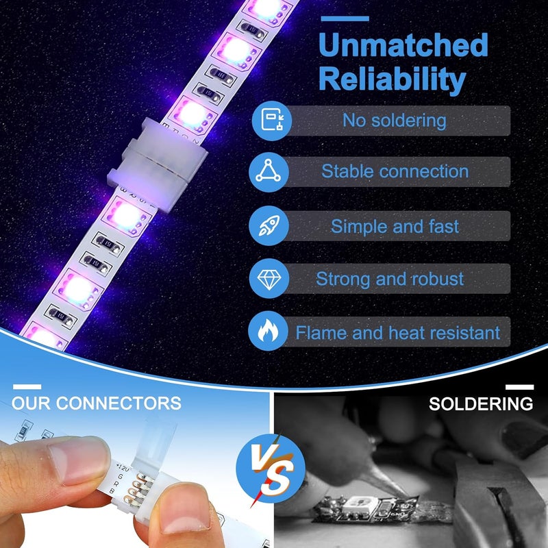 Pmxary 20Pcs 4 Pin LED Strip Connectors for 8mm Wide RGB LED Strip Lights, Solderless Unwired LED Light Connectors, Easily Extend or Splice 4-Pin 8mm Multicolor Strips - Image 3